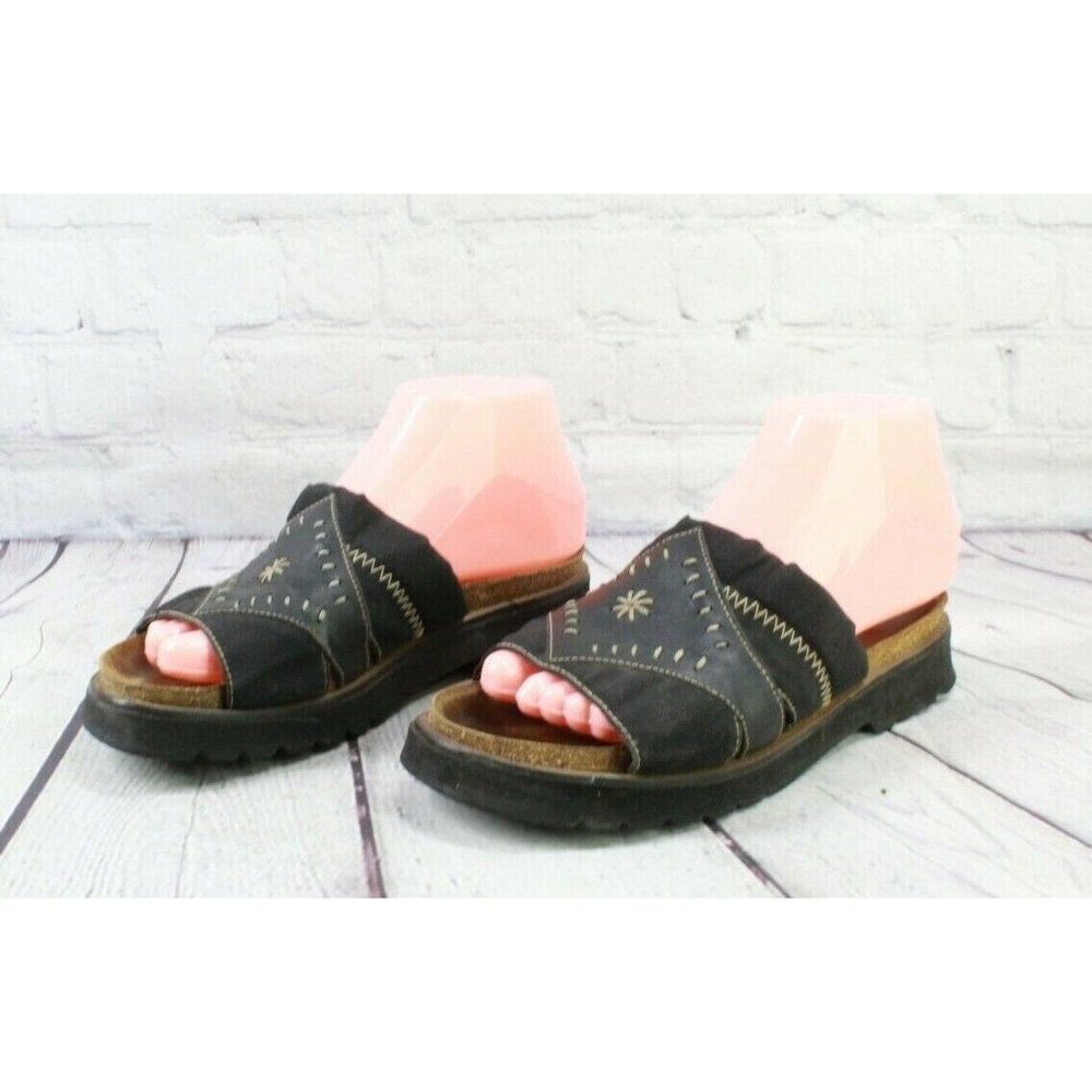 Naot Black Leather Stitched Slide Wedge Sandals Size 6 - Picture 2 of 9